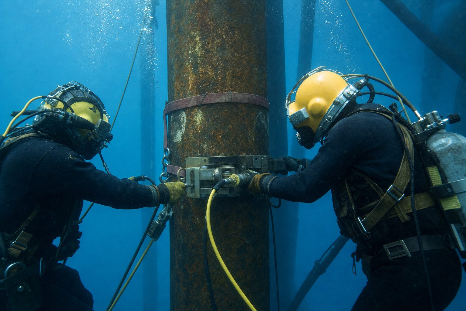Divers working on an offshore jacket structure