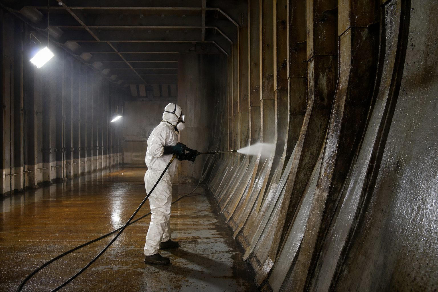 Technician cleaning a vessel cargo tank