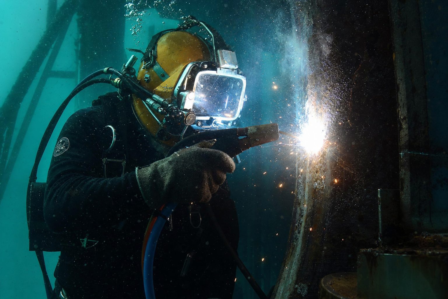 Underwater welder carrying out structural repair